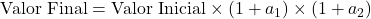 Rendered by QuickLaTeX.com \text{Valor Final} = \text{Valor Inicial} \times (1 + a_1) \times (1 + a_2)
