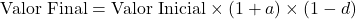 Rendered by QuickLaTeX.com \text{Valor Final} = \text{Valor Inicial} \times (1 + a) \times (1 - d)